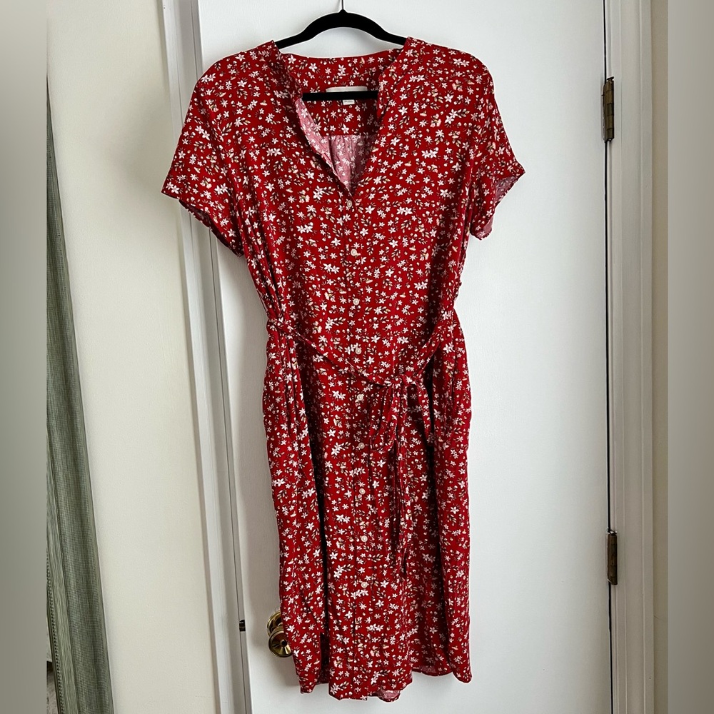 LOFT Maternity Floral Red Button Down Dress Size 16 Petite Maternity